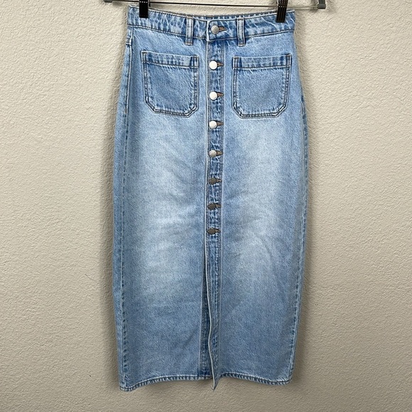 New Rollas Sailor Skirt Mid Vintage Blue Pencil Midi Button Front Slit Denim 24 - Picture 4 of 13